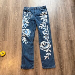 Wrangler Blue Denim Jeans with White Floral Paint